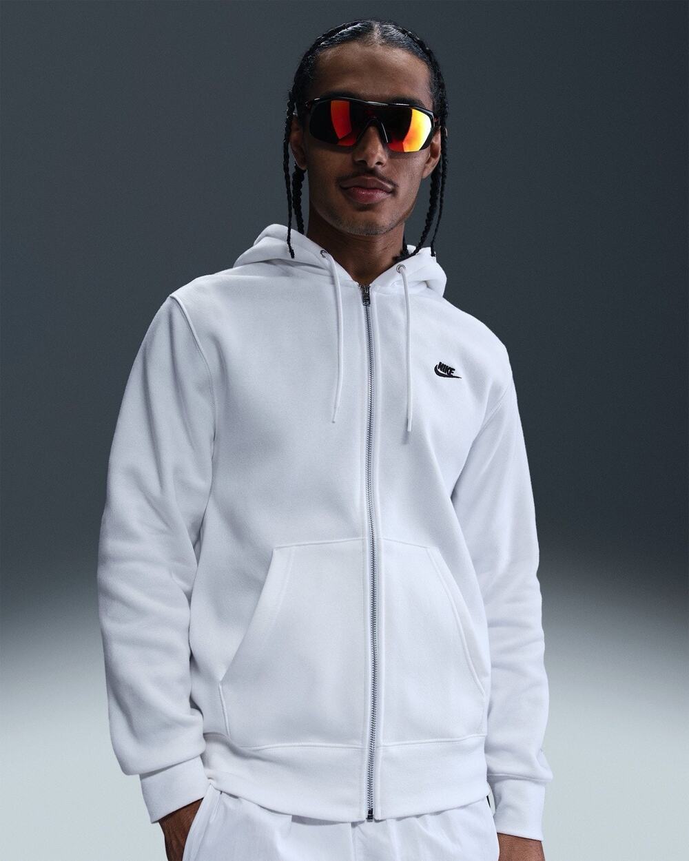 Nike Club Fleece Hoodie Sweatshirt Mens Small White Full Zip Spellout Swoosh